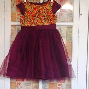 Wine Colored Tulle Embroidered Dress